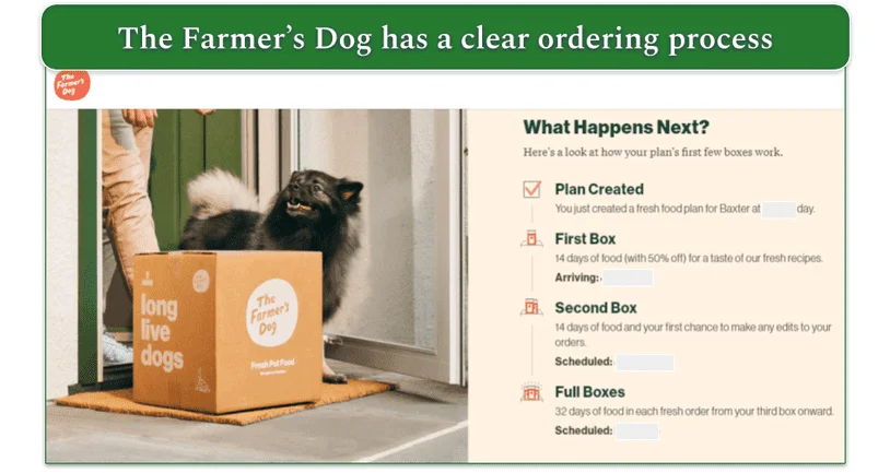 Screenshot of The Farmer's Dog ordering process detailing what happens next and when