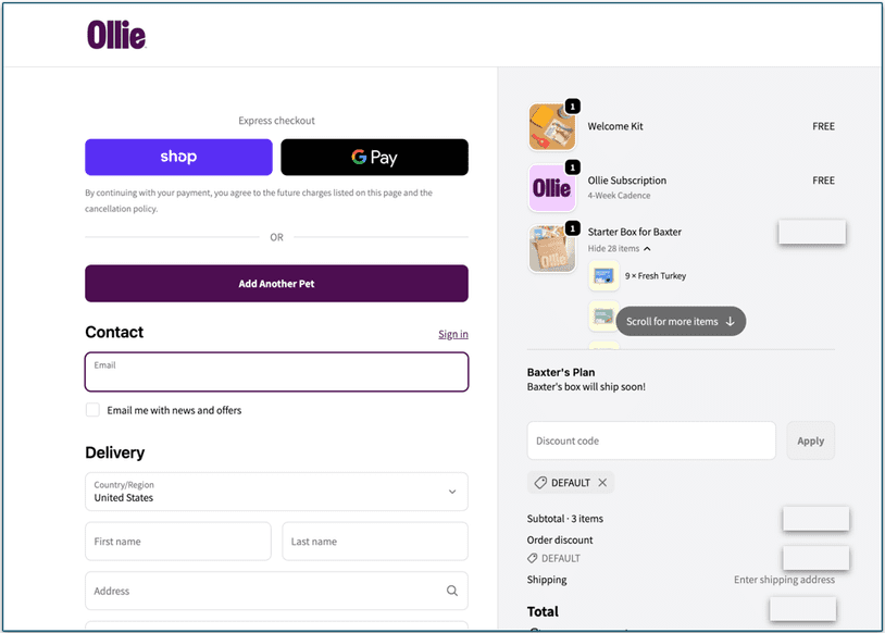 screengrab of Ollie's check out page