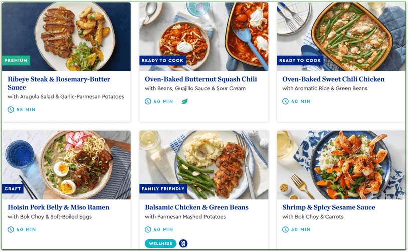 screengrab of Blue Apron's Signature menu