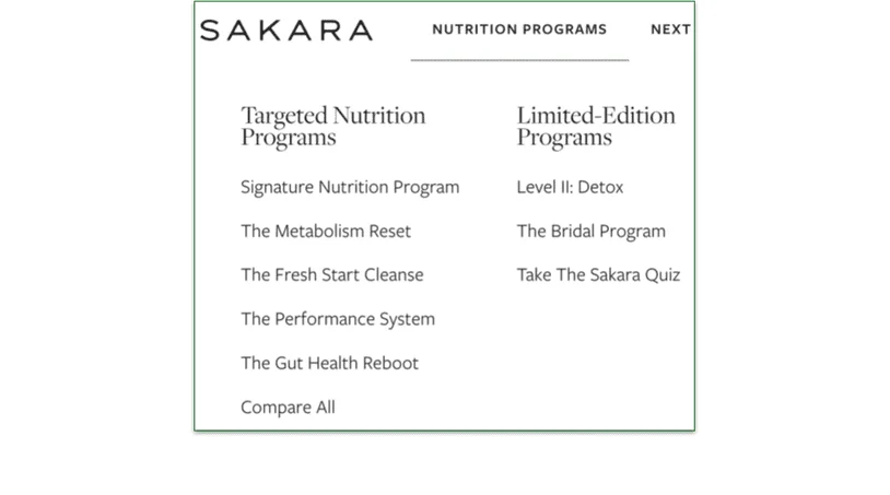 a screenshot of sakara's nutrition plan selection screen