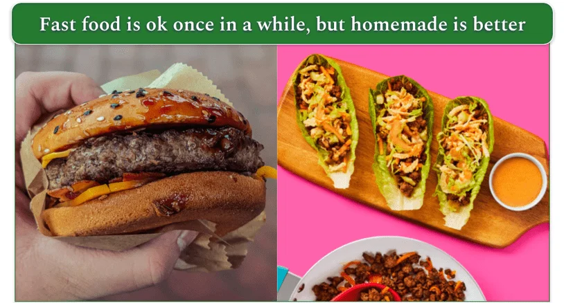Left: burger with cheese in a bun with ketchup. Right: HelloFresh cheeseburger lettuce wraps with crispy fried onions, pickles, and special sauce