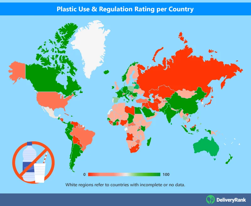 Geo chart of countries' scores in Plastic Use & Regulation