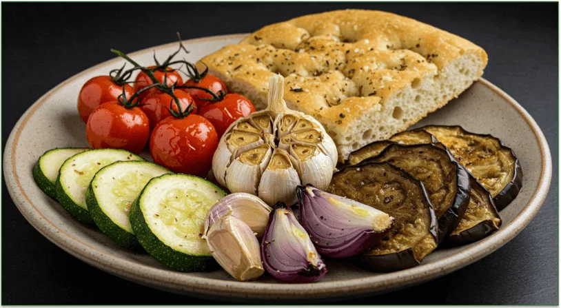 A plate of roasted veggies like zucchini and eggplant alongside a piece of homemade focaccia.