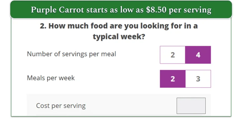 Screenshot of Purple Carrot's number of servings and meals choice during sign up