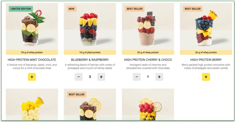 A portion of the Revive Superfoods menu with different quantities selected