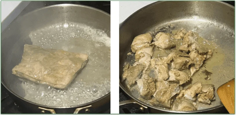 Solid lump of chicken in a skillet next to an image of the chicken cooked in pieces