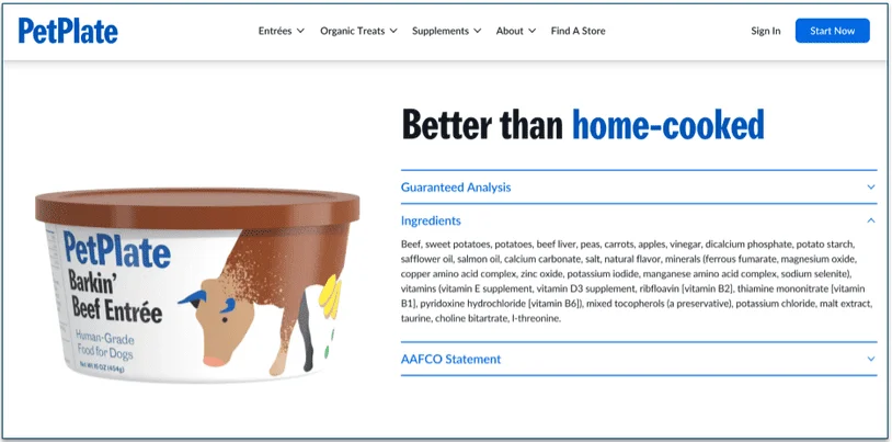 PetPlate Barkin Beef Entree Ingredients list
