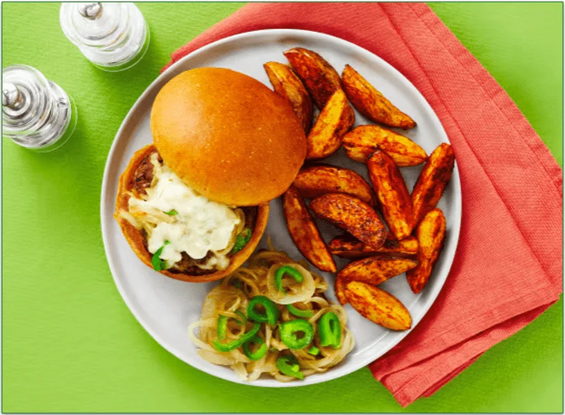 a screenshot of the Smothered Pepper Jack Burgers from hellofresh