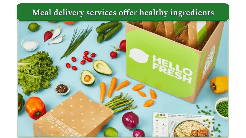 HelloFresh delivery box with recipe bags and a range of fresh ingredients