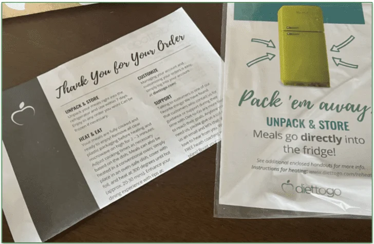 Leaflets explaining storage and heating instructions