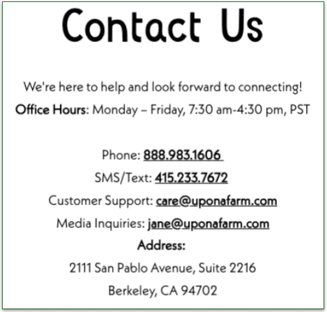 Contact options for Once Upon a Farm customer support.