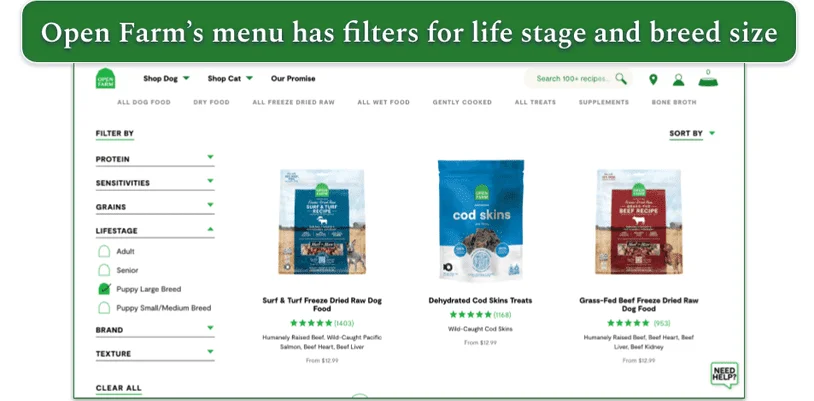 Screenshot of Open Farm’s menu sorted by Puppy Large Breed