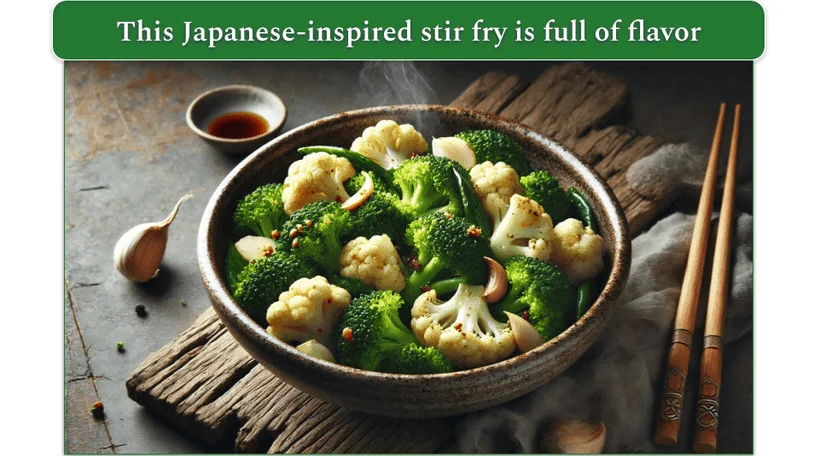 an image of a Japanese-inspired stir fry with broccoli and cauliflower