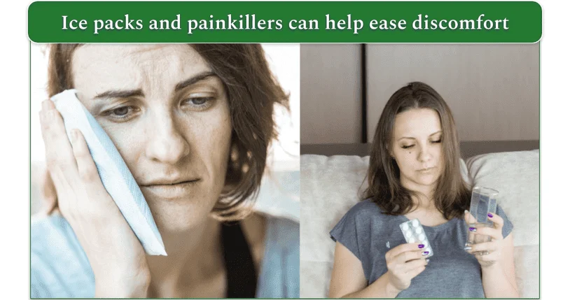 Woman holding an ice pack to her face and a woman holding tablets and a glass of water