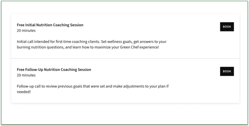 screenshot of green chef's nutrition coach booking screen