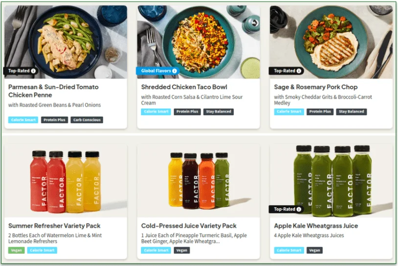 Image of some of Factor's meals and smoothies