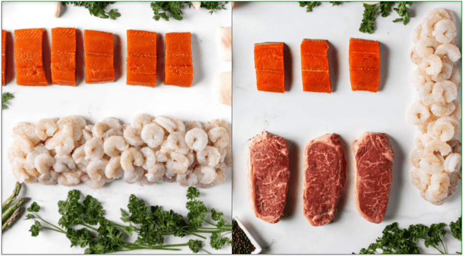 The contents of Good Ranchers' Wild-Caught Seafood and Surf and Turf boxes