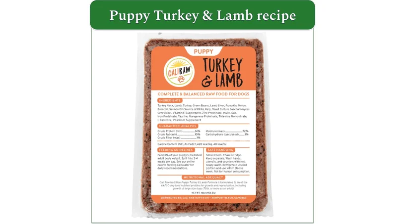 a screenshot of cali raw's turkey & lamb recipe for puppies