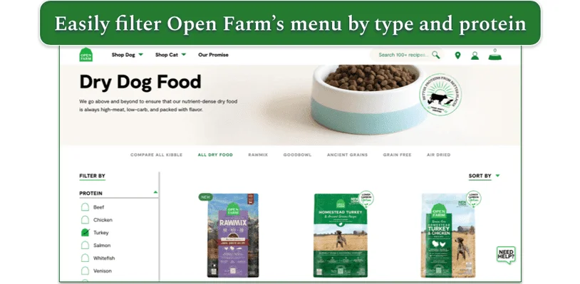 Screenshot of Open Farm’s dry dog food menu sorted by protein