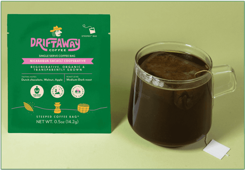 The Nicaragua SACACLI Cooperative blend in a single-serve coffee bag