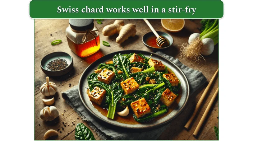 Swiss chard stir fry served on a plate