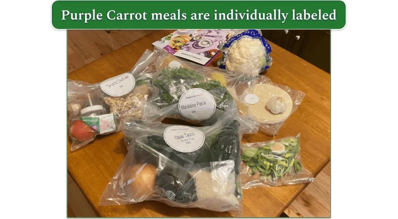 The ingredients for several Purple Carrot recipes on a table