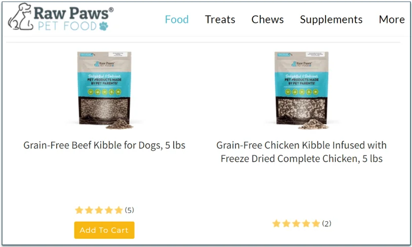 Raw Paws Pet Food's kibble selection