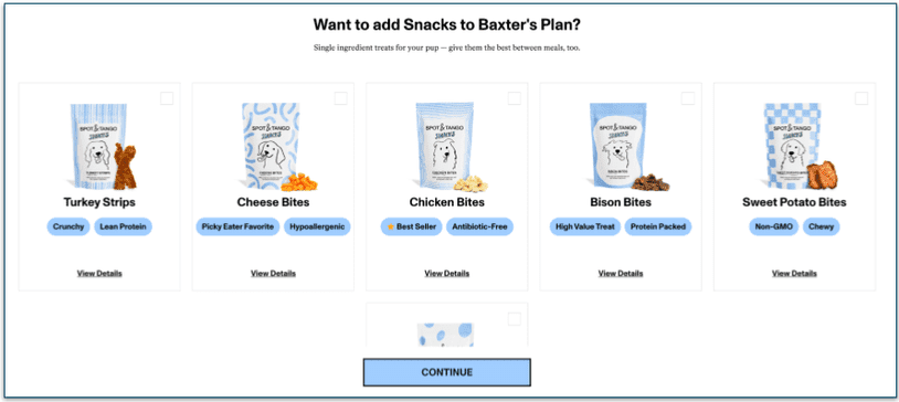 screenshot of optional snacks to add to your spot and tango plan
