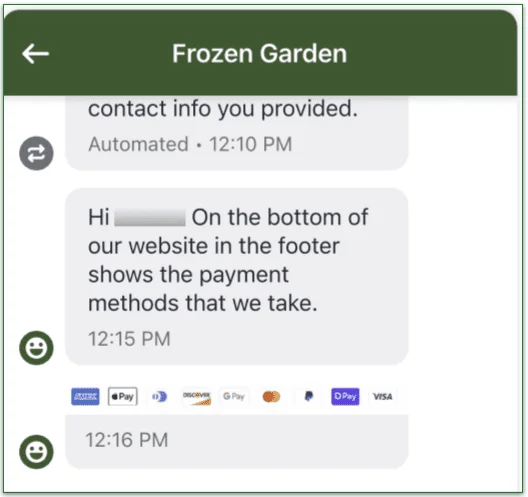 A screenshot of my conversation with Frozen Garden's customer support on live chat