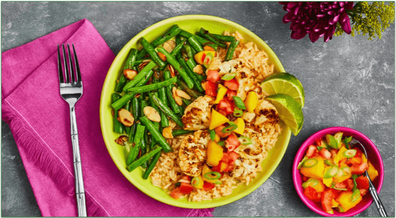 The Cauliflower with Mango Salsa, Basmati Rice and Agave-Glazed Green Beans dish from Green Chef.