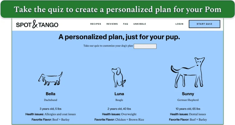 Screenshot of Spot & Tango’s website showing 3 plans for different breeds