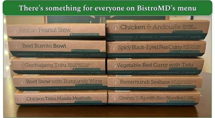Image with 10 different BistroMD meals stacked on top of each other