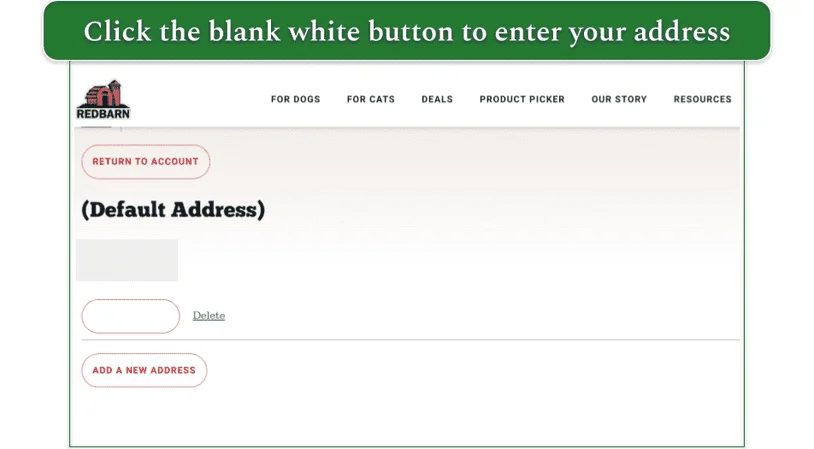 Redbarn's customer account page for address management