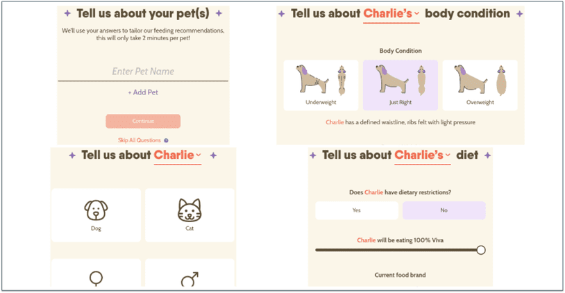 a screenshot of steps 2, 3, 4, 5 in Viva Raw's personalization questionnaire