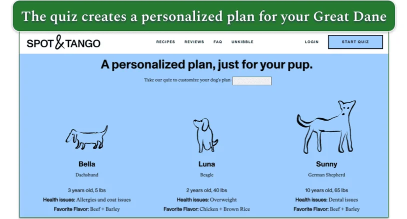 Screenshot of Spot & Tango’s website showing 3 plans for different breeds