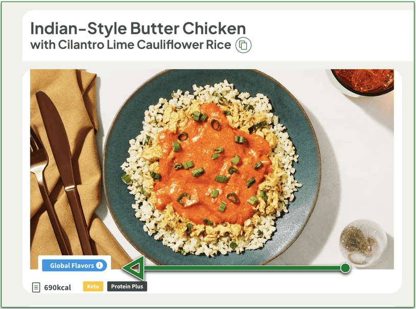 Screenshot of Factor’s Indian-Style Butter Chicken recipe with Global Flavors tag
