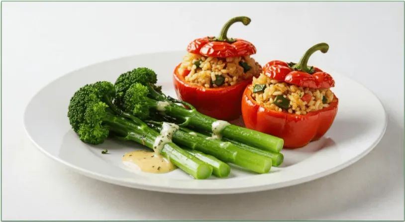 A plate of broccolini in a beurre blanc sauce beside some stuffed peppers.