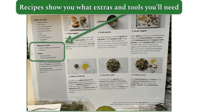 Photo of a Marley Spoon recipe card with the What you need and Tools sections highlighted