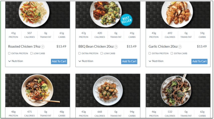 Screenshot of 6 meals on MealPro's menu