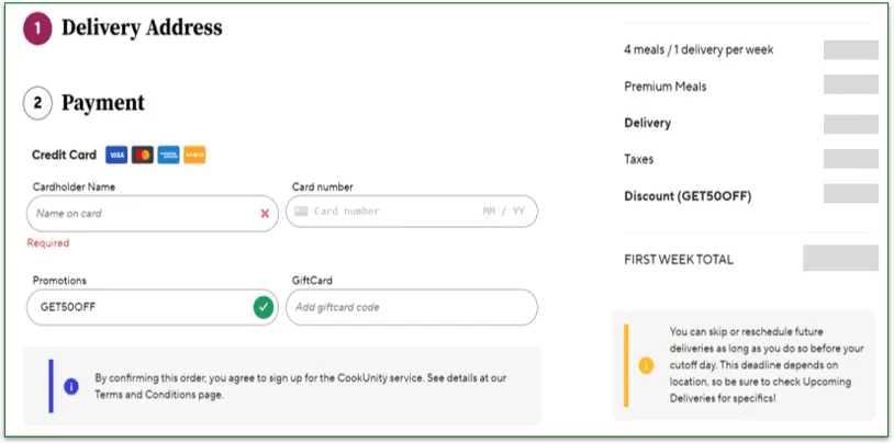payment details and the cost of the first order from cookunity