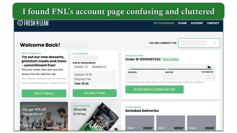 screenshot of Fresh N Lean's account page