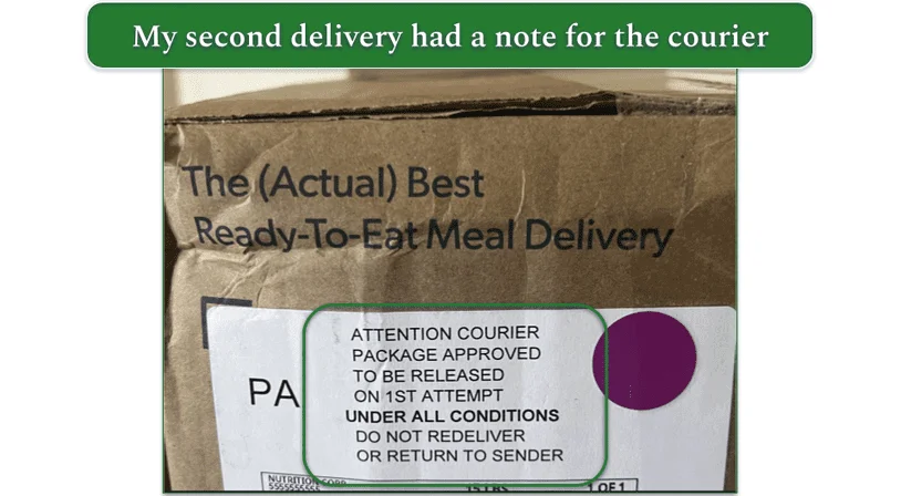 Screenshot of a Fresh N lean delivery box with courier instructions highlighted