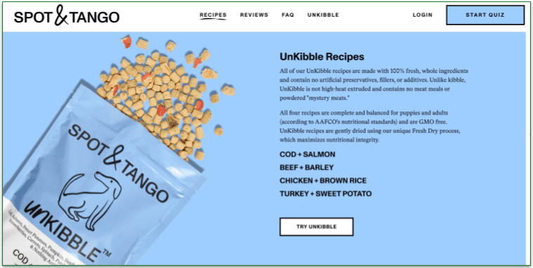 Screenshot of Spot & Tango’s UnKibble page showing 4 recipes listed