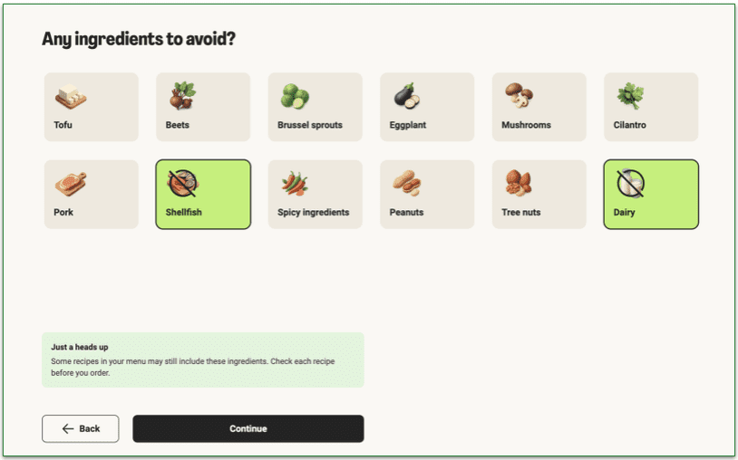 screenshot of hellofresh quiz any ingredients to avoid page