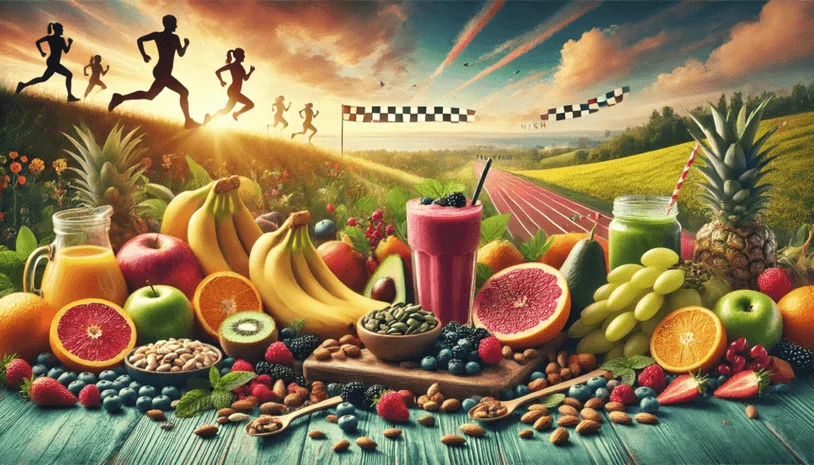 Header image featuring a variety of healthy foods with runners in the background