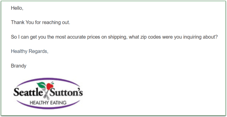 Screenshot of email response from a customer agent