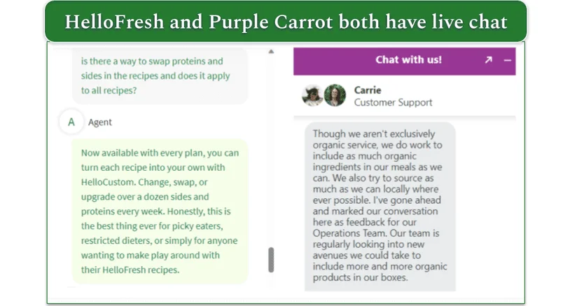 Screenshot of live chats from HelloFresh and Purple Carrot
