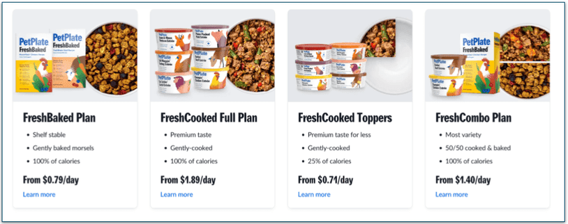 PetPlate's range of plans with prices