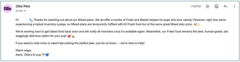 email response about dry food availability from Ollie's AI customer service pup Astro