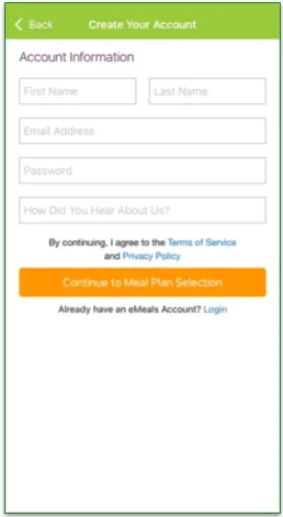 screenshot of account creation page on eMeals mobile app